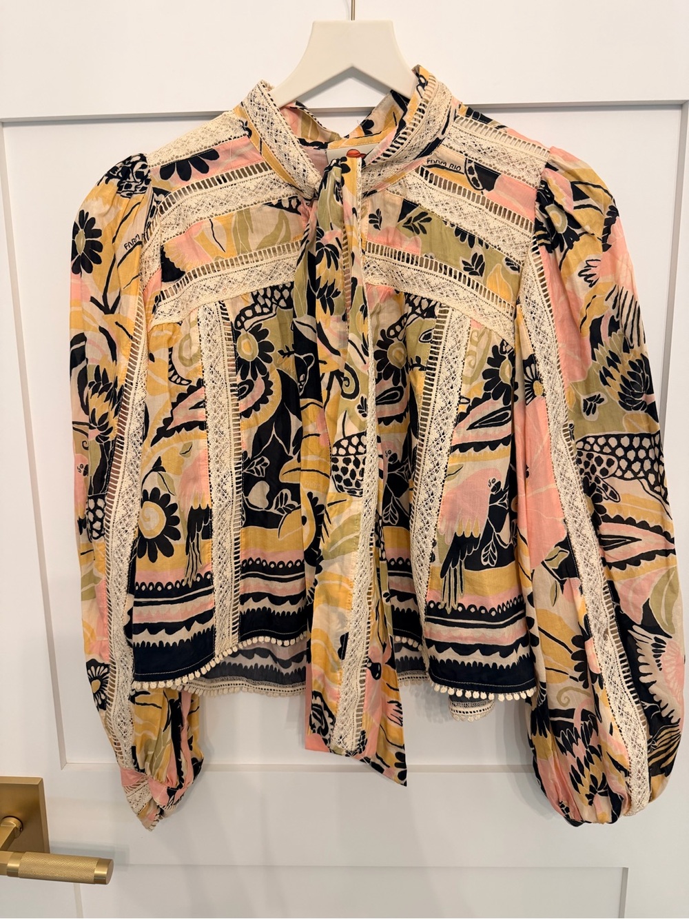 FARM Rio Floral Tie-Neck Blouse in Pink, Black & Olive